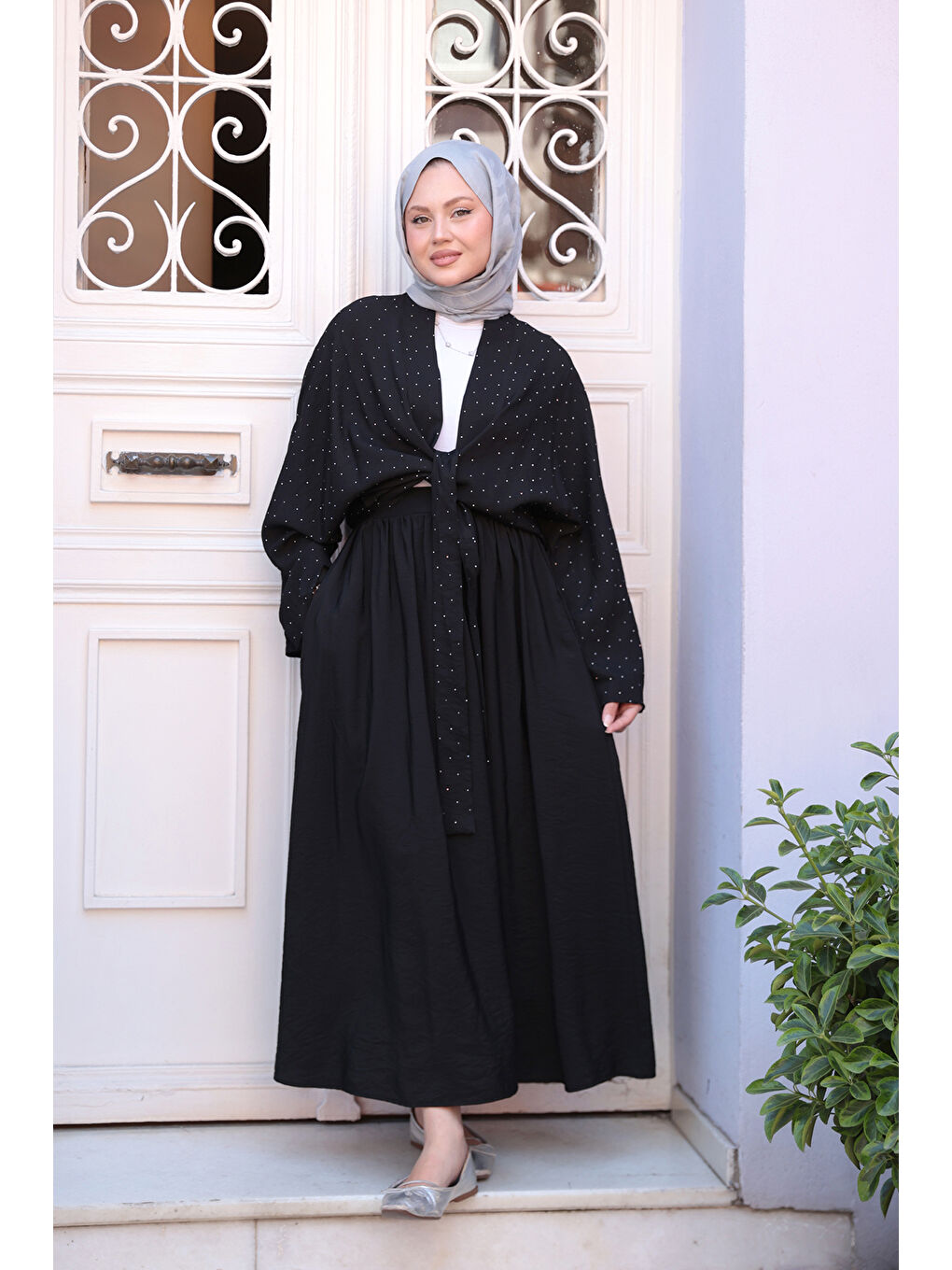 Kadın Taş Detay Bağlamalı Takım Siyah-4