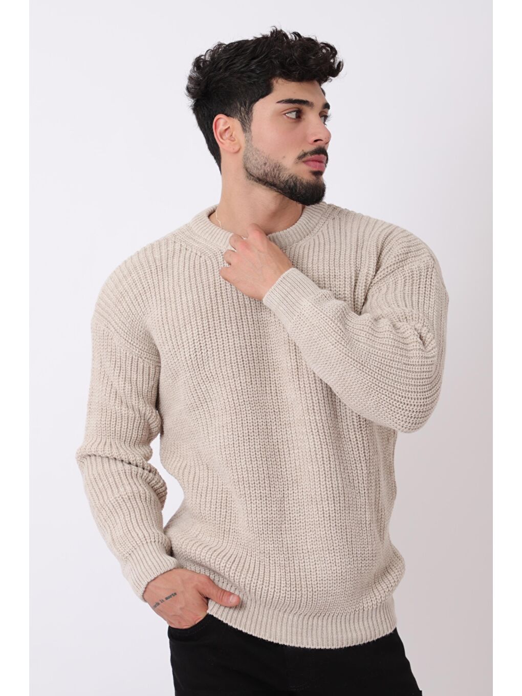 Bej Yuvarlak Yaka Triko Erkek Kazak Bld 5307_10020