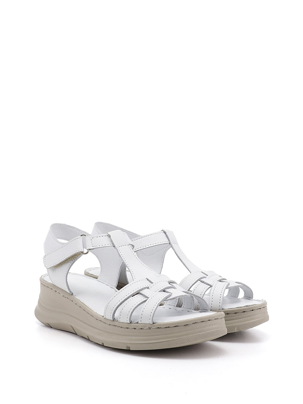 Beyaz Kadın CANLI BEYAZ Cırt Bantlı Dolgu Topuk Hakiki Deri Sandalet-3