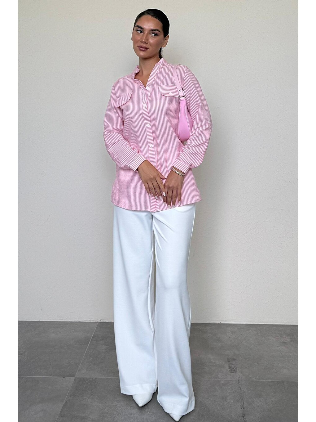 Pembe Çizgili Gofre Kumaş Kadın Oversize Gömlek Mg1666-2