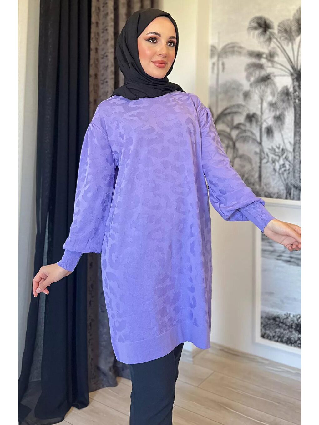 Lila Bisiklet Yaka Desenli Tesettür Triko Tunik-1