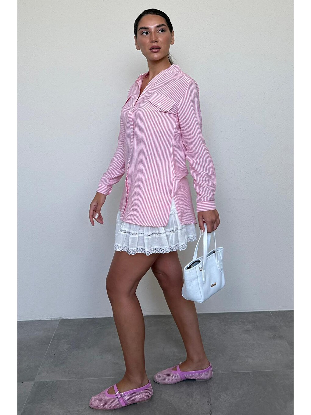 Pembe Çizgili Gofre Kumaş Kadın Oversize Gömlek Mg1666-3