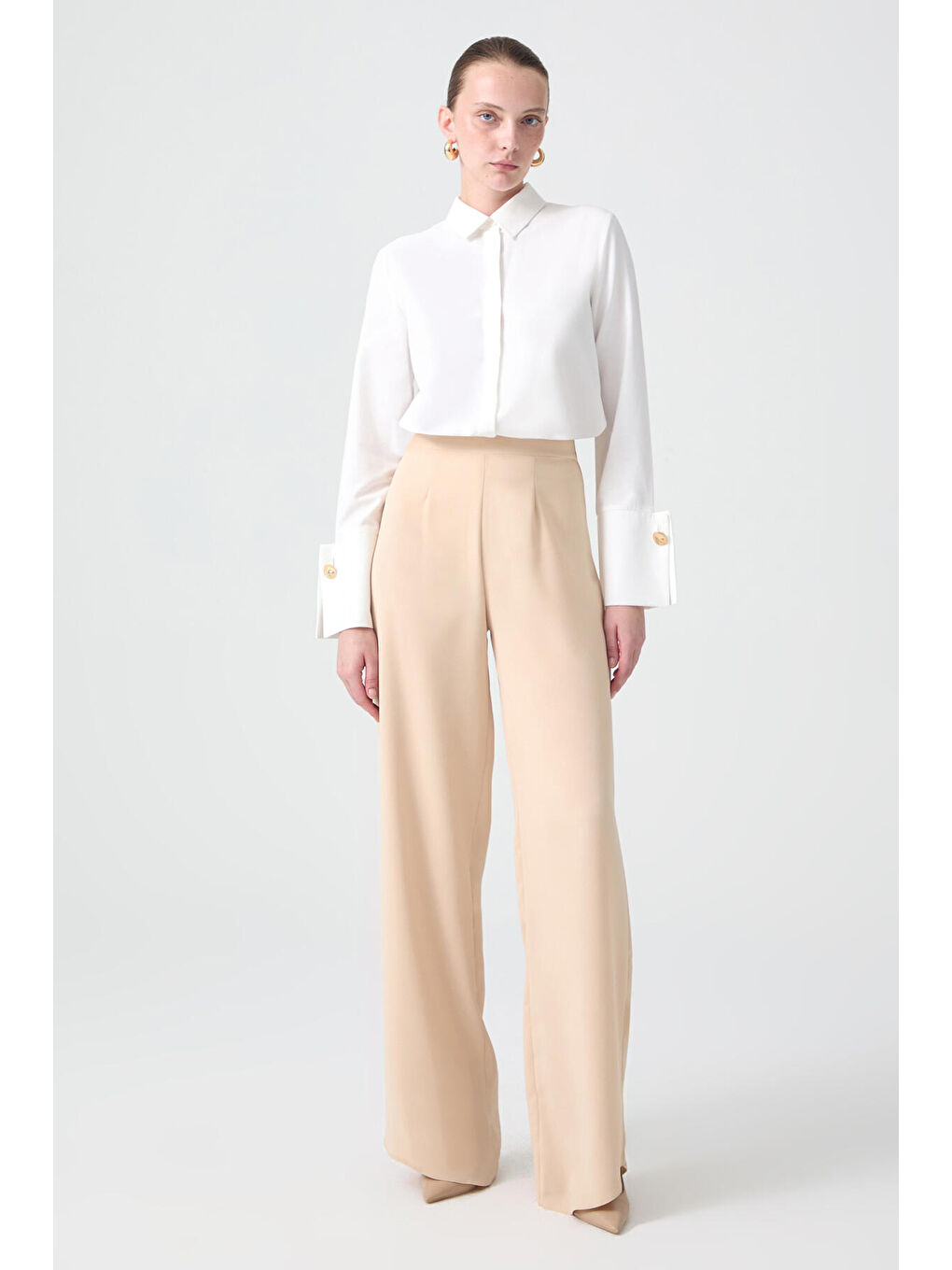 Bej Bol Paça Krep Pantolon