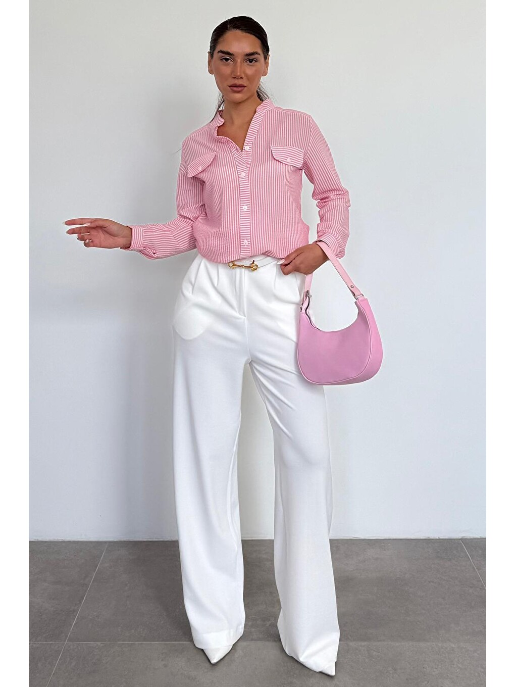 Pembe Çizgili Gofre Kumaş Kadın Oversize Gömlek Mg1666-4