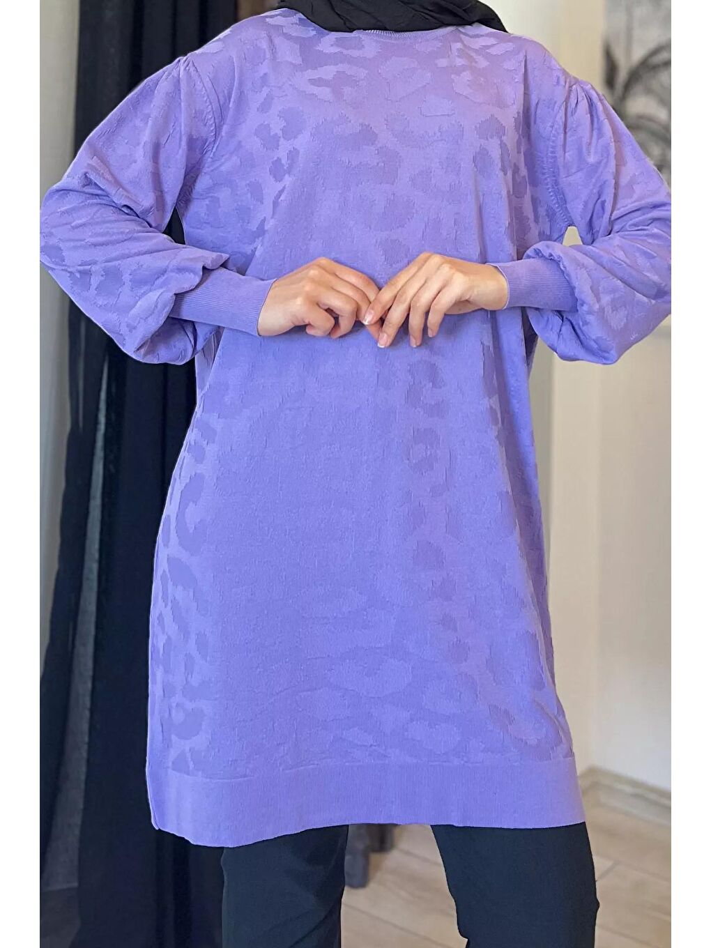 Lila Bisiklet Yaka Desenli Tesettür Triko Tunik-2