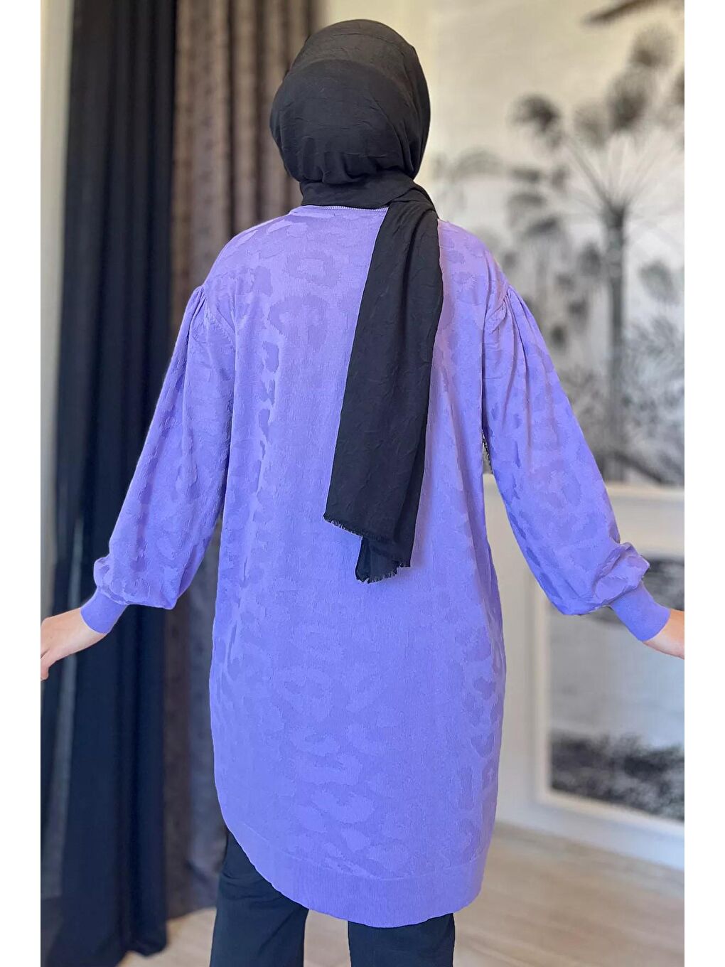 Lila Bisiklet Yaka Desenli Tesettür Triko Tunik-3