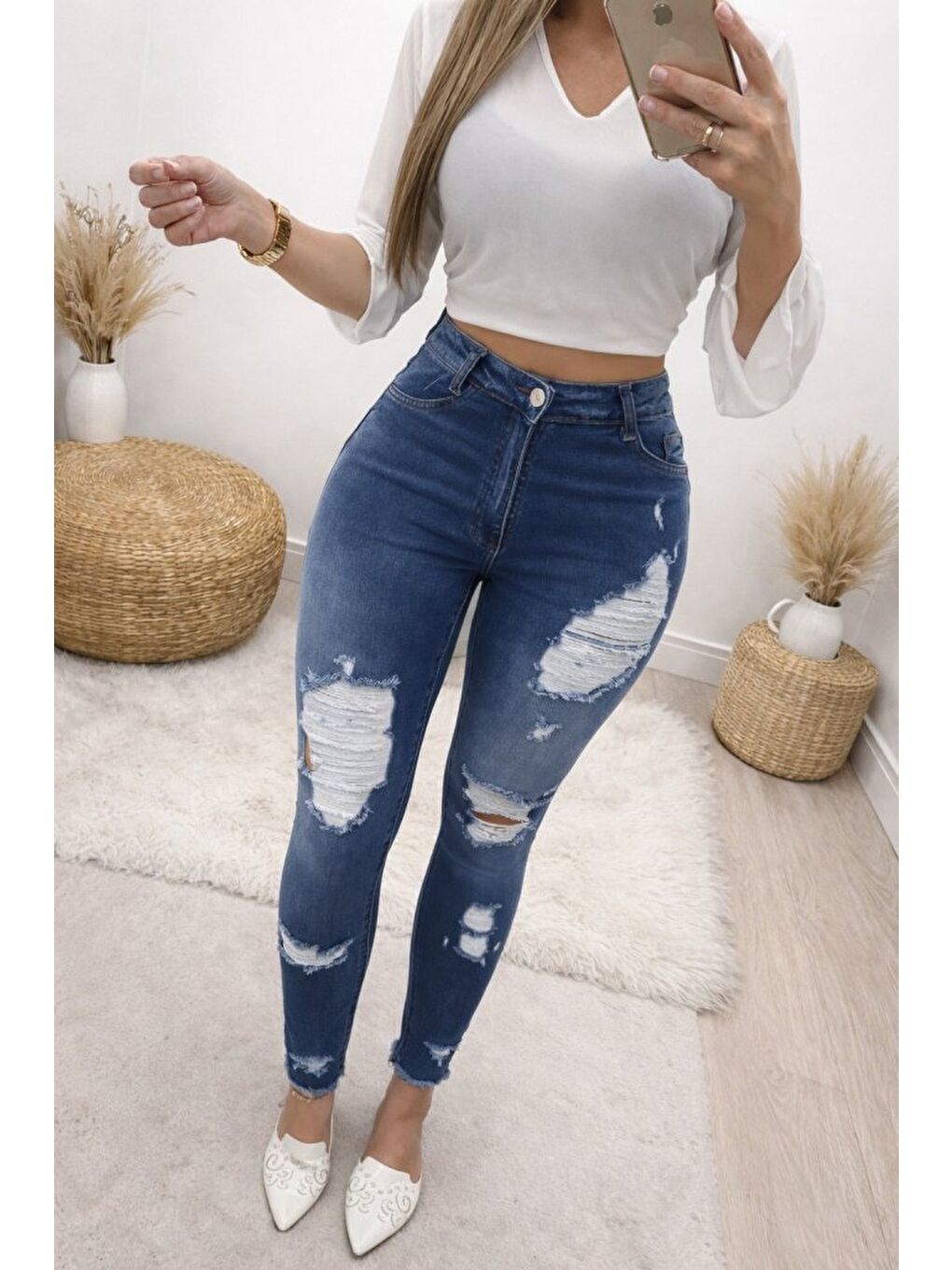 Mavi Kadın Yüksek Bel Düğmeli Yırtık Jean Pantolon