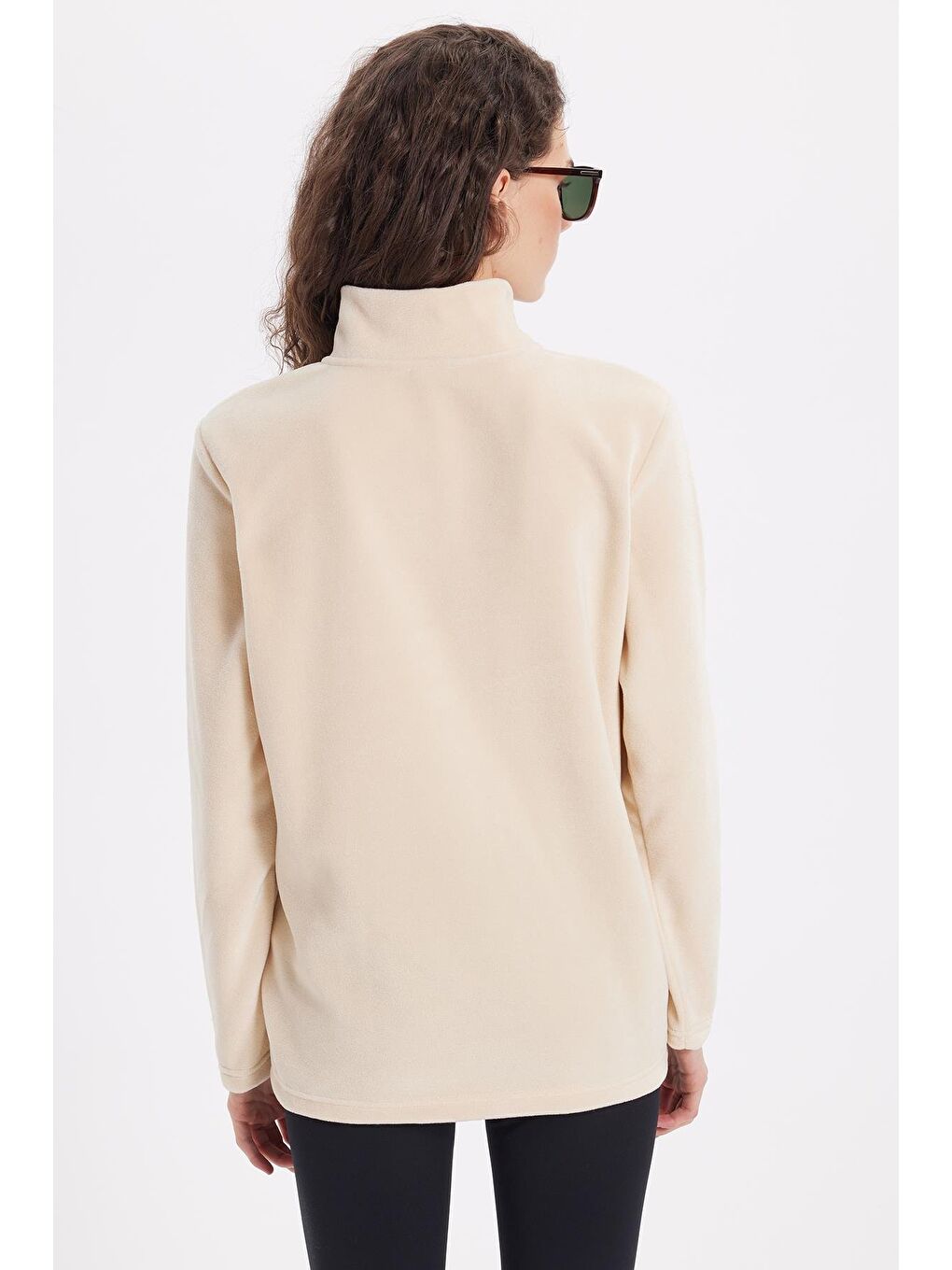 Kadın Standart Fit Anti-Pilling Tüylenme Yapmayan Soğuk Geçirmez Açık Bej Bato Yaka Polar Sweatshirt-7