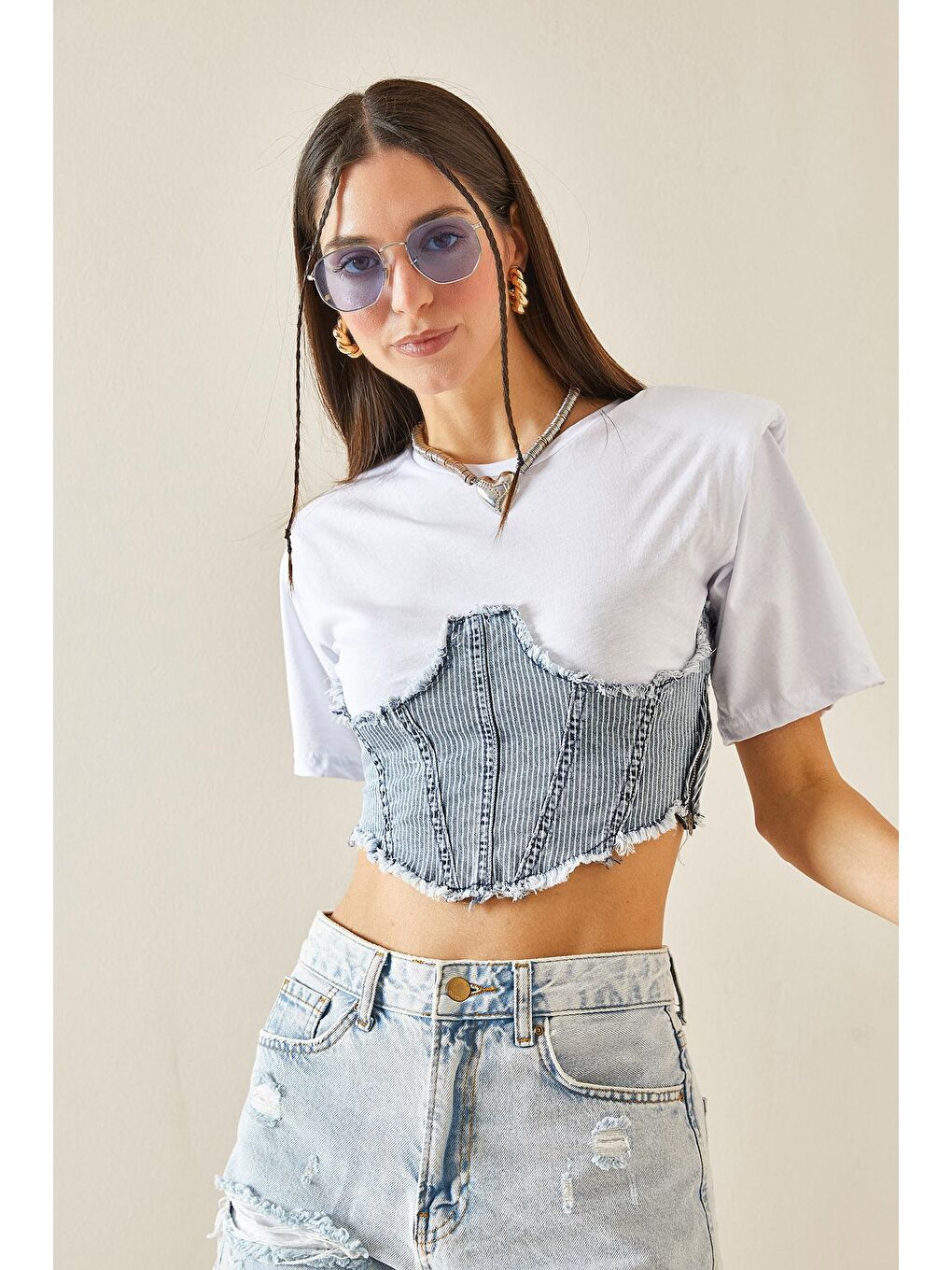 XHAN Beyaz Denim Detaylı Vatkalı Crop T-Shirt 5YXK1-48435-01 - 3