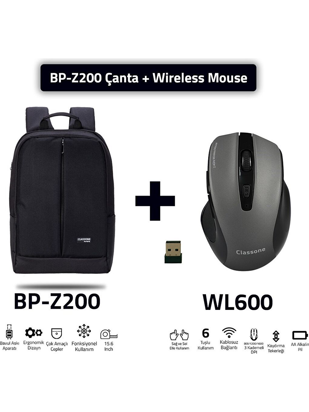 Siyah BP-Z200-WL600 Mouse -15.6" Su Geçirmez Kumaş Laptop / Sırt Çantası