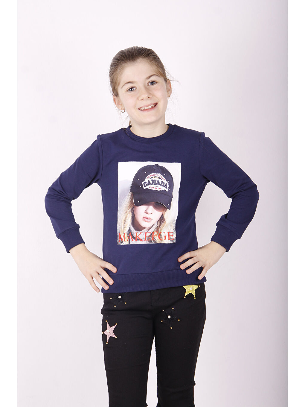 Lacivert Kız Çocuk Şapkası 3D Baskılı Sweatshirt-1