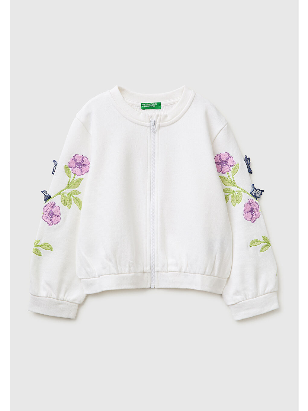 Kız Çocuk Beyaz Kolları İşleme Detaylı Fermuarlı Bisiklet Yaka Sweatshirt