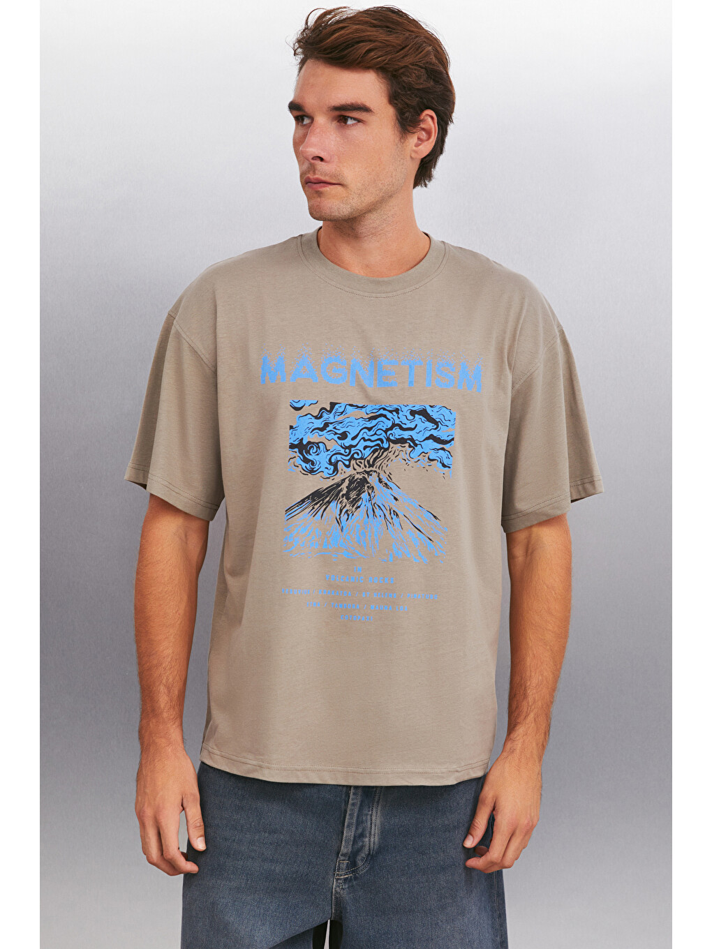 Bej MADDOX Erkek %100 Organik Pamuklu Baskı Detaylı Kalın Dokulu Oversize Fit VİZON T-Shirt-3