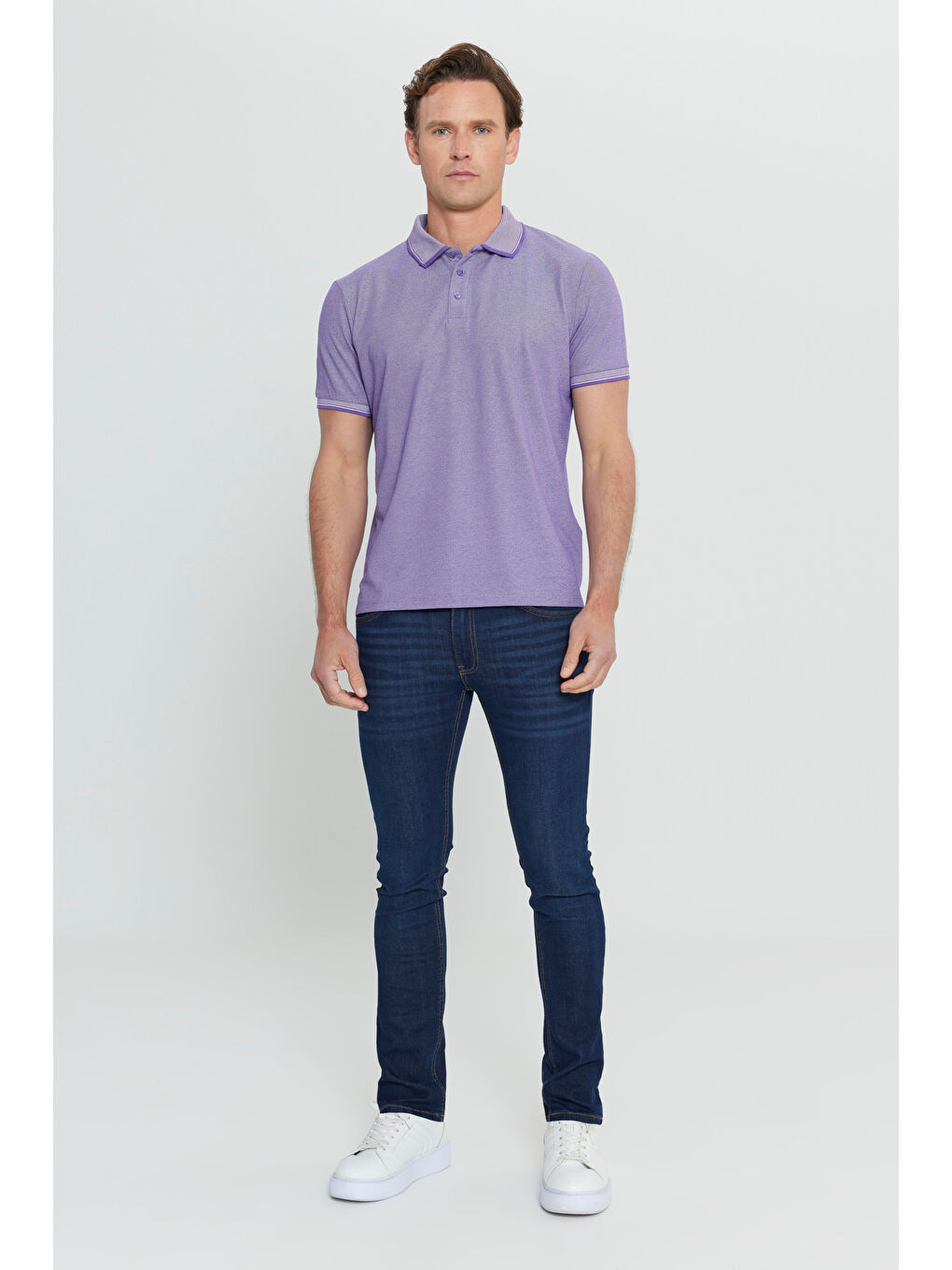 Erkek Mor-Beyaz Slim Fit Dar Kesim Kıvrılmaz Polo Yaka Kısa Kollu Tişört-1