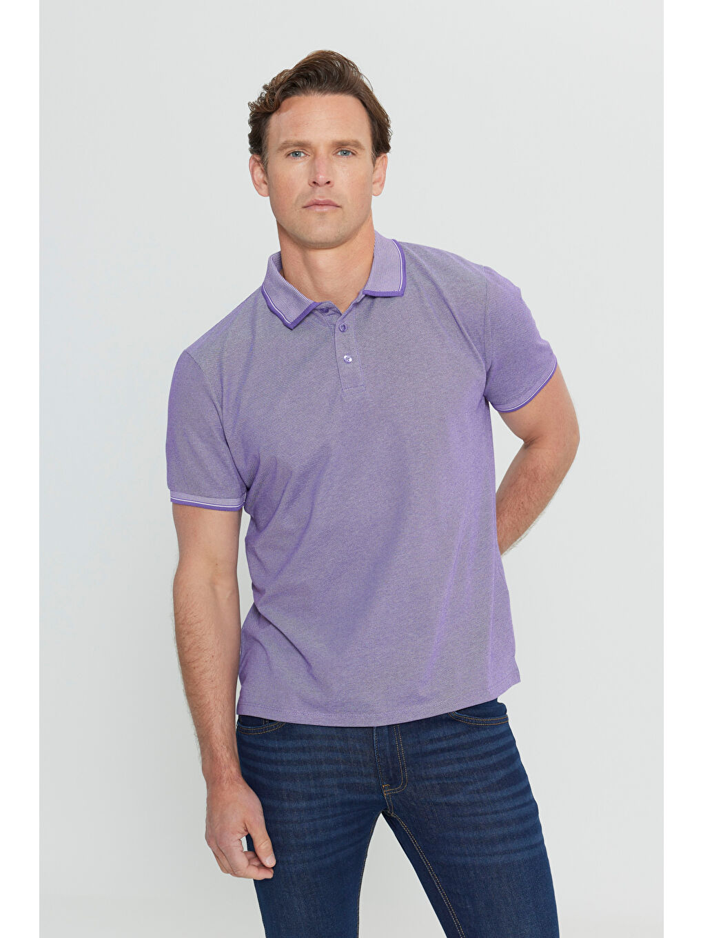 Erkek Mor-Beyaz Slim Fit Dar Kesim Kıvrılmaz Polo Yaka Kısa Kollu Tişört-2