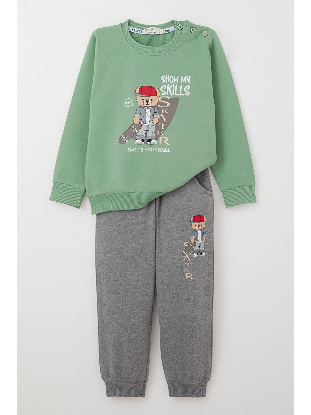 Erkek Çocuk Eşofman Takım Kaykaycı Sevimli Ayıcık Baskılı Mint Yeşili (1-4 Yaş)