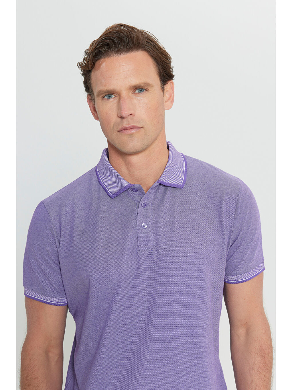 Erkek Mor-Beyaz Slim Fit Dar Kesim Kıvrılmaz Polo Yaka Kısa Kollu Tişört-3
