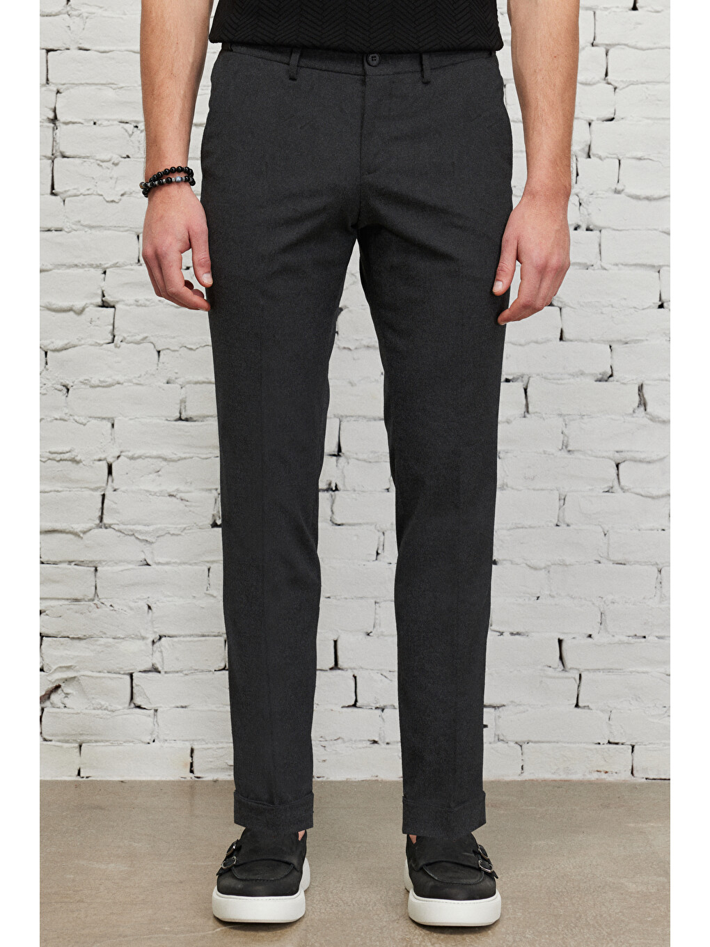 Erkek Antrasit Slim Fit Dar Kesim Flanel Desenli Yünlü Beli Lastikli Pantolon