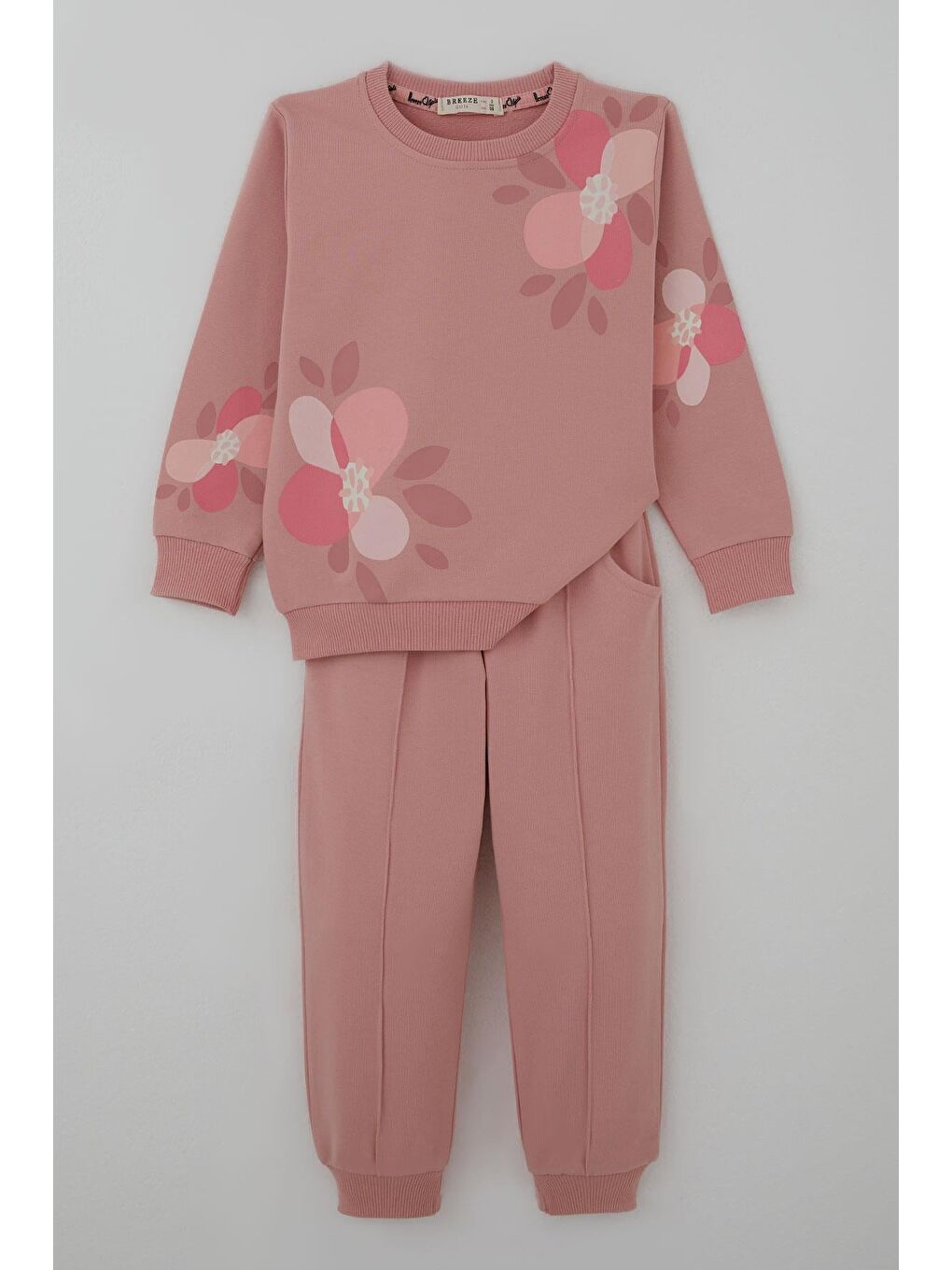 Pembe Kız Çocuk Eşofman Takımı Çiçek Baskılı Pantolonu Çima Dikiş Detaylı Gülkurusu (3-7 Yaş)