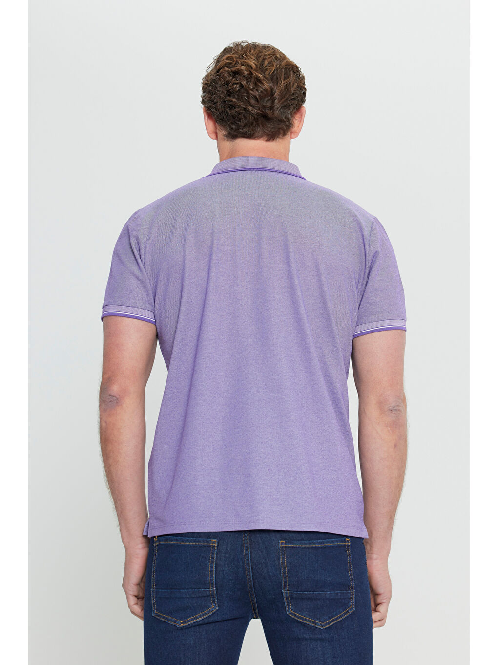 Erkek Mor-Beyaz Slim Fit Dar Kesim Kıvrılmaz Polo Yaka Kısa Kollu Tişört-4