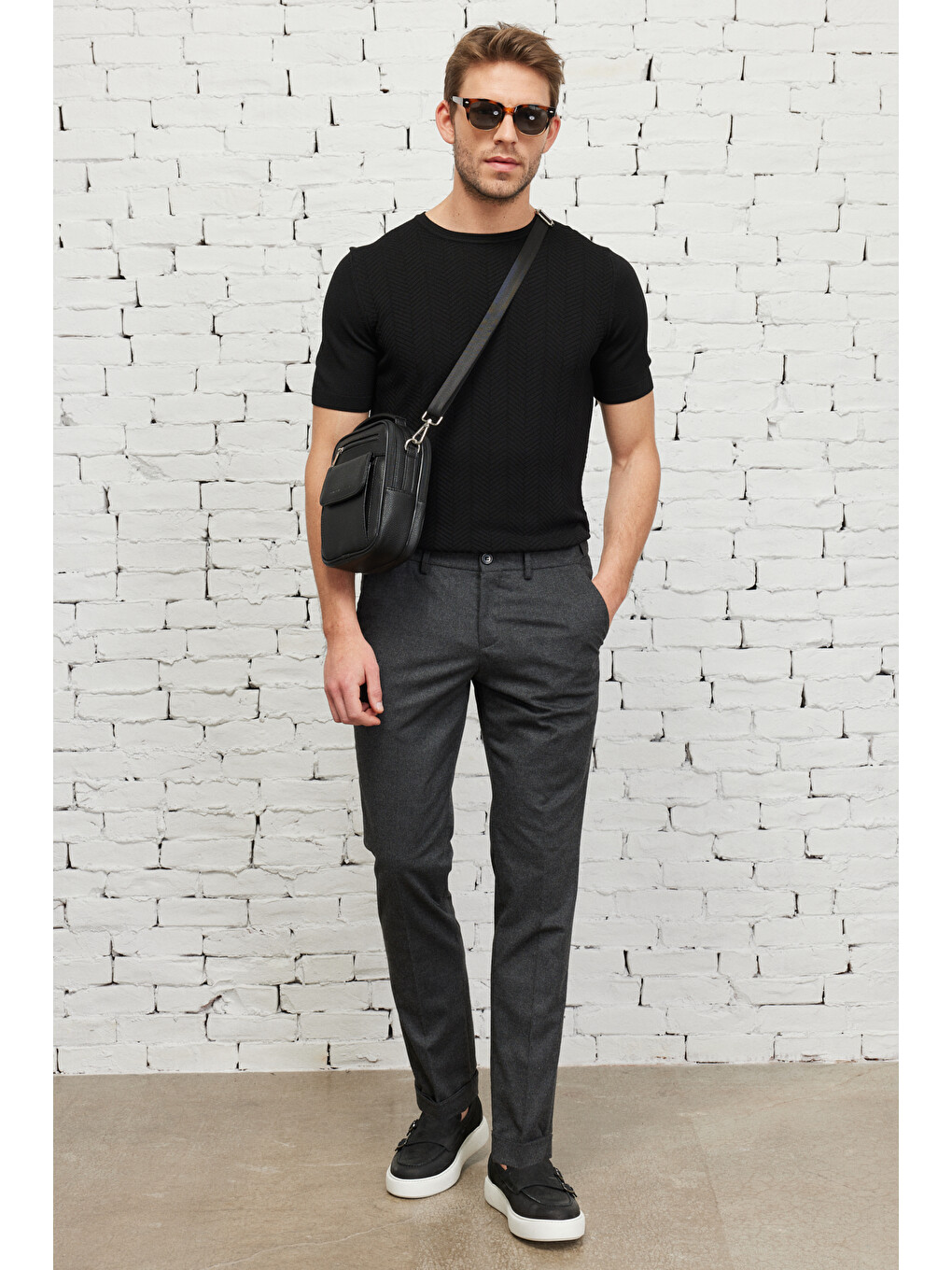 Erkek Antrasit Slim Fit Dar Kesim Flanel Desenli Yünlü Beli Lastikli Pantolon-1