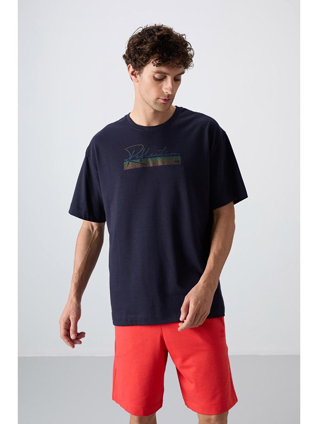 TOMMYLIFE Lacivert Pamuklu Kalın Yumuşak Dokulu Oversize Fit Baskılı Erkek T-Shirt - 88334 - 3