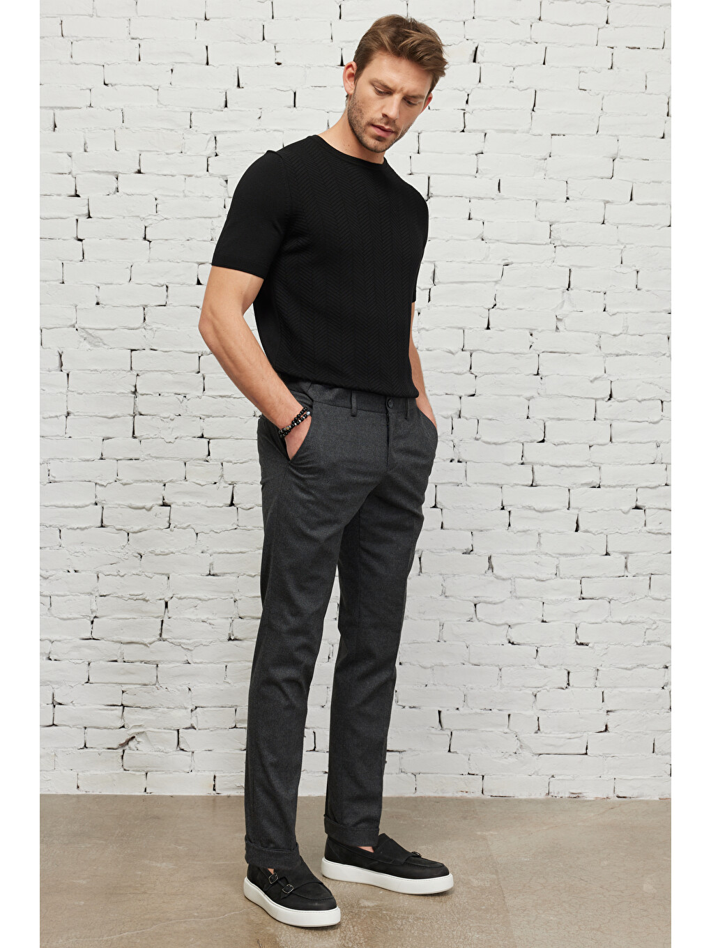Erkek Antrasit Slim Fit Dar Kesim Flanel Desenli Yünlü Beli Lastikli Pantolon-2