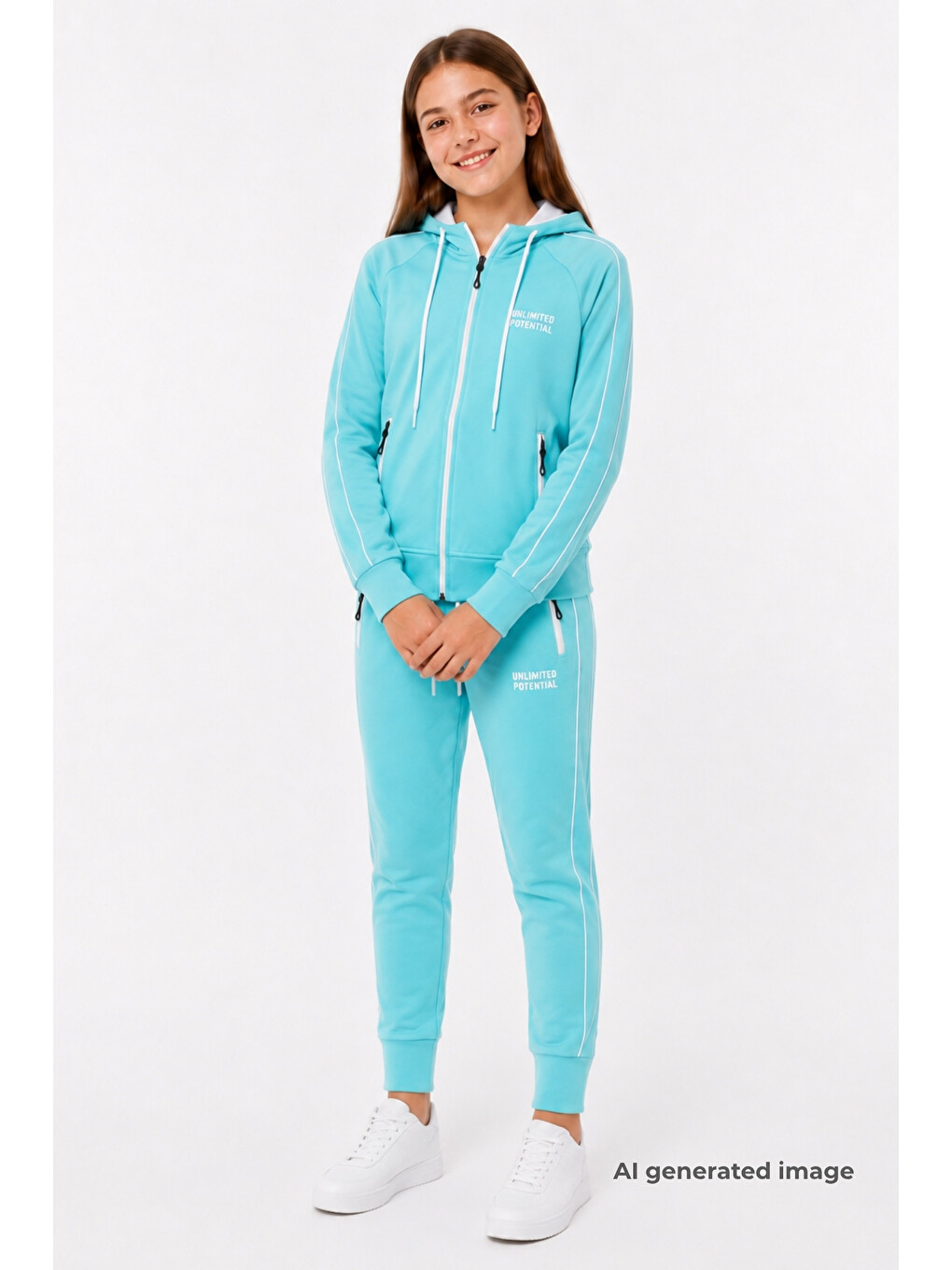 Turkuaz Kız Çocuk Scuba Unlimited Çift Şeritli Kapüşonlu Reglan Kol Dalgıç Kumaş Eşofman Takımı Esf7023-3