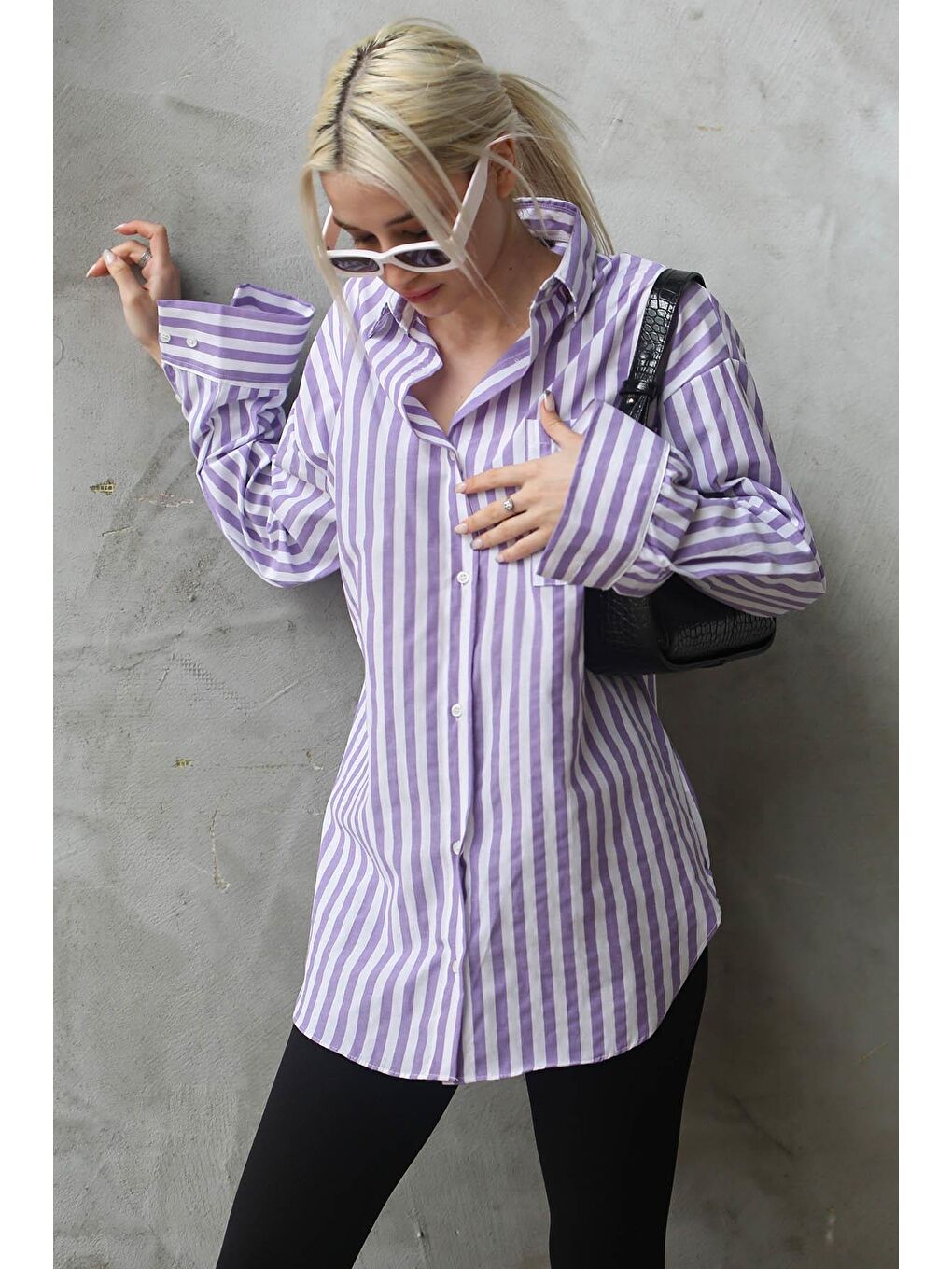 Mor Çizgili Oversize Kadın Gömlek Mg1688-5