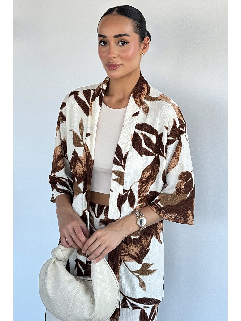 Kahverengi Kadın Desenli Kimono Pantolon İkili Takım-1