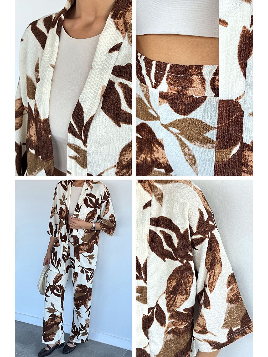 Kahverengi Kadın Desenli Kimono Pantolon İkili Takım-2
