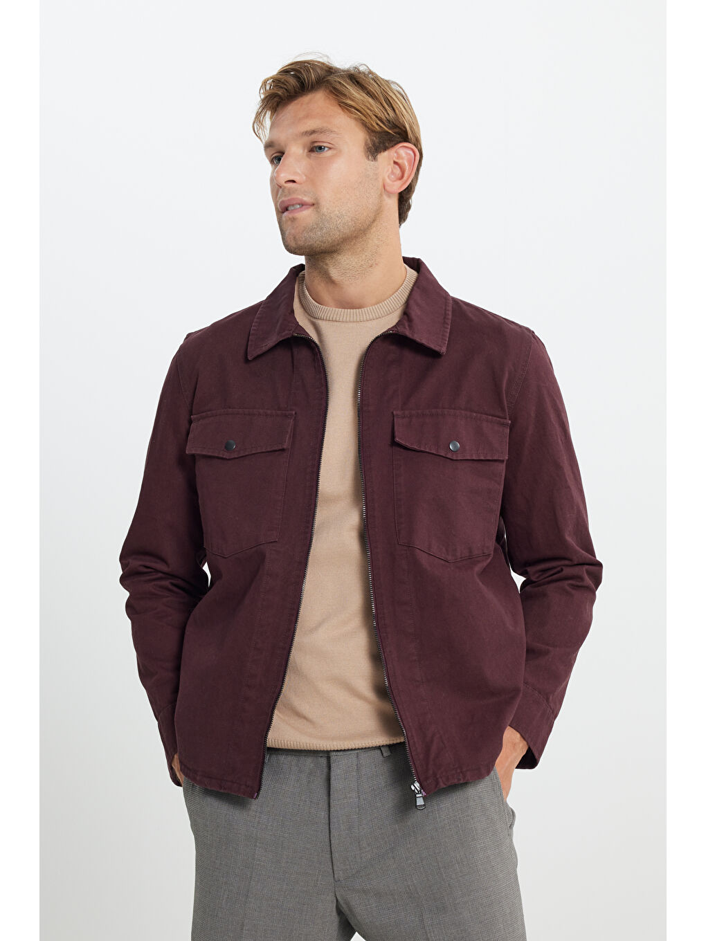 Erkek Bordo Standart Fit Normal Kesim Pamuklu Yan Cep Gömlek Ceket