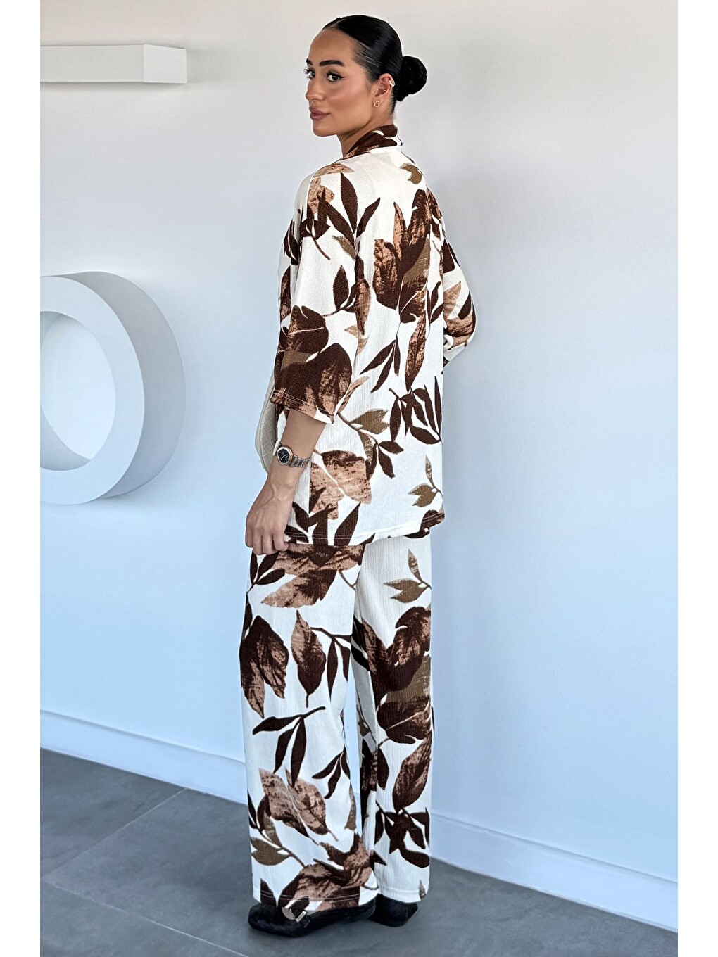 Kahverengi Kadın Desenli Kimono Pantolon İkili Takım-3