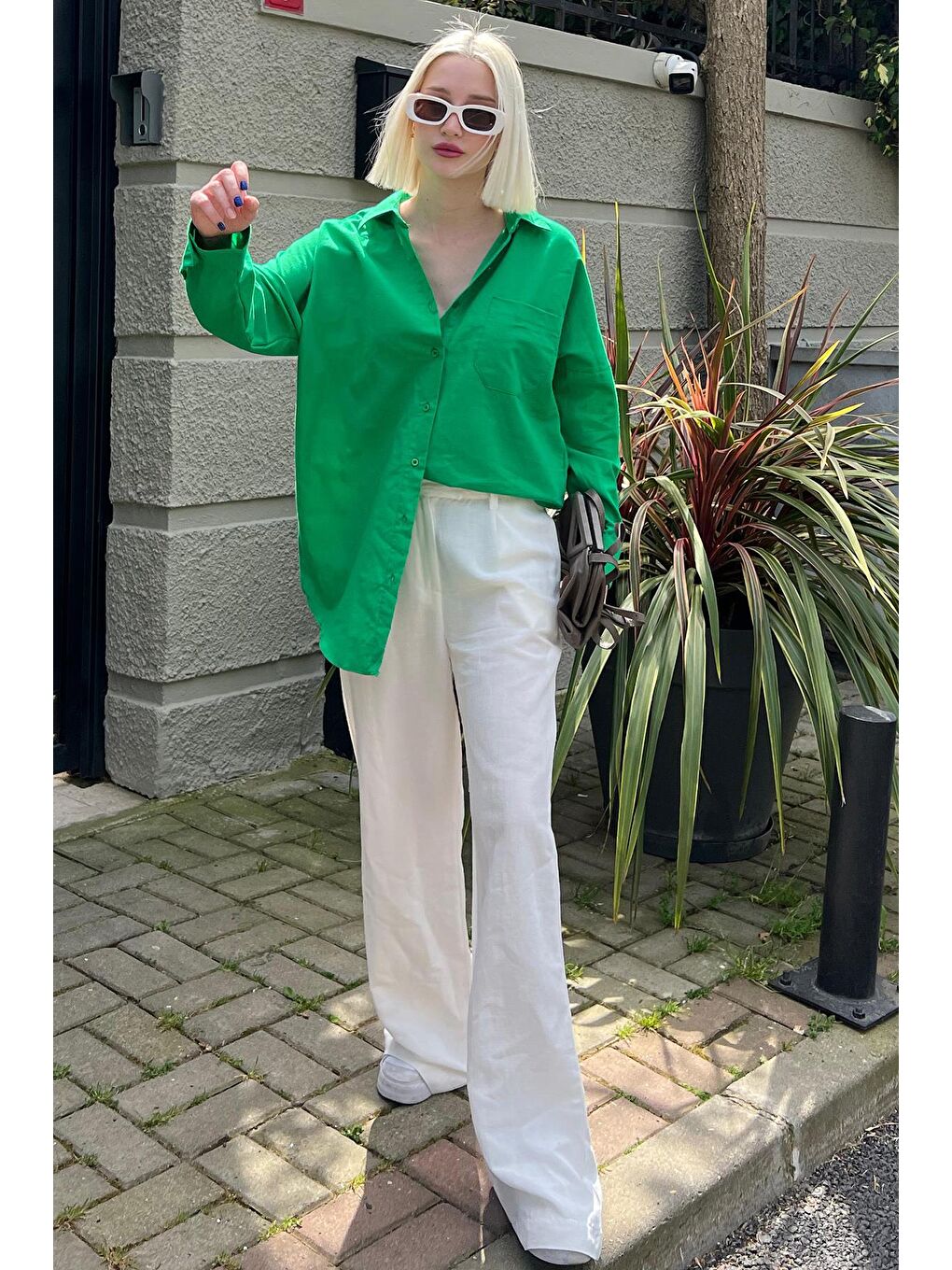 Yeşil Oversize Basic Cepli Poplin Gömlek Mg1530-1