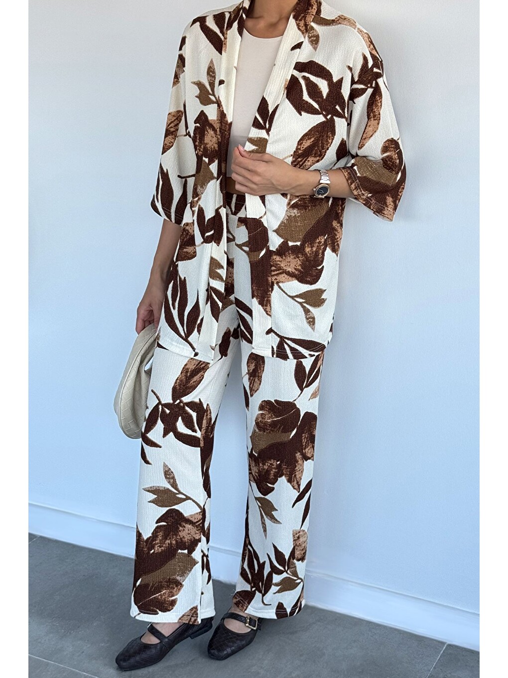 Kahverengi Kadın Desenli Kimono Pantolon İkili Takım-4