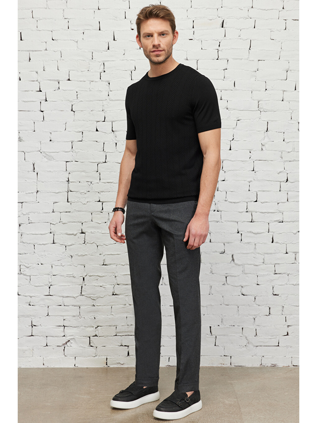 Erkek Antrasit Slim Fit Dar Kesim Flanel Desenli Yünlü Beli Lastikli Pantolon-4