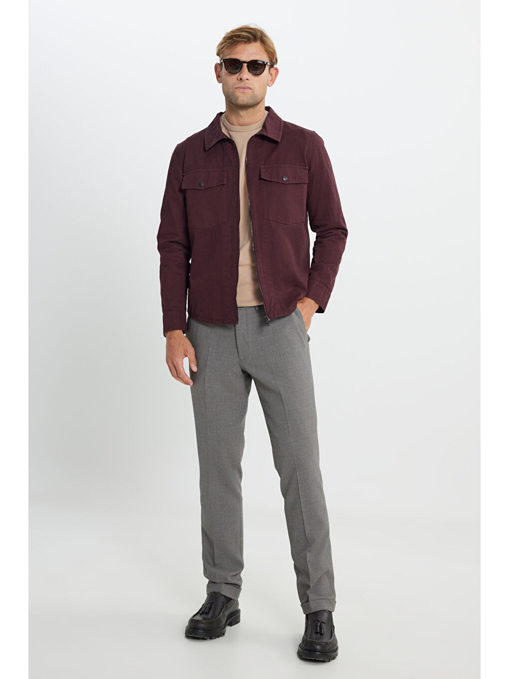 Erkek Bordo Standart Fit Normal Kesim Pamuklu Yan Cep Gömlek Ceket-1