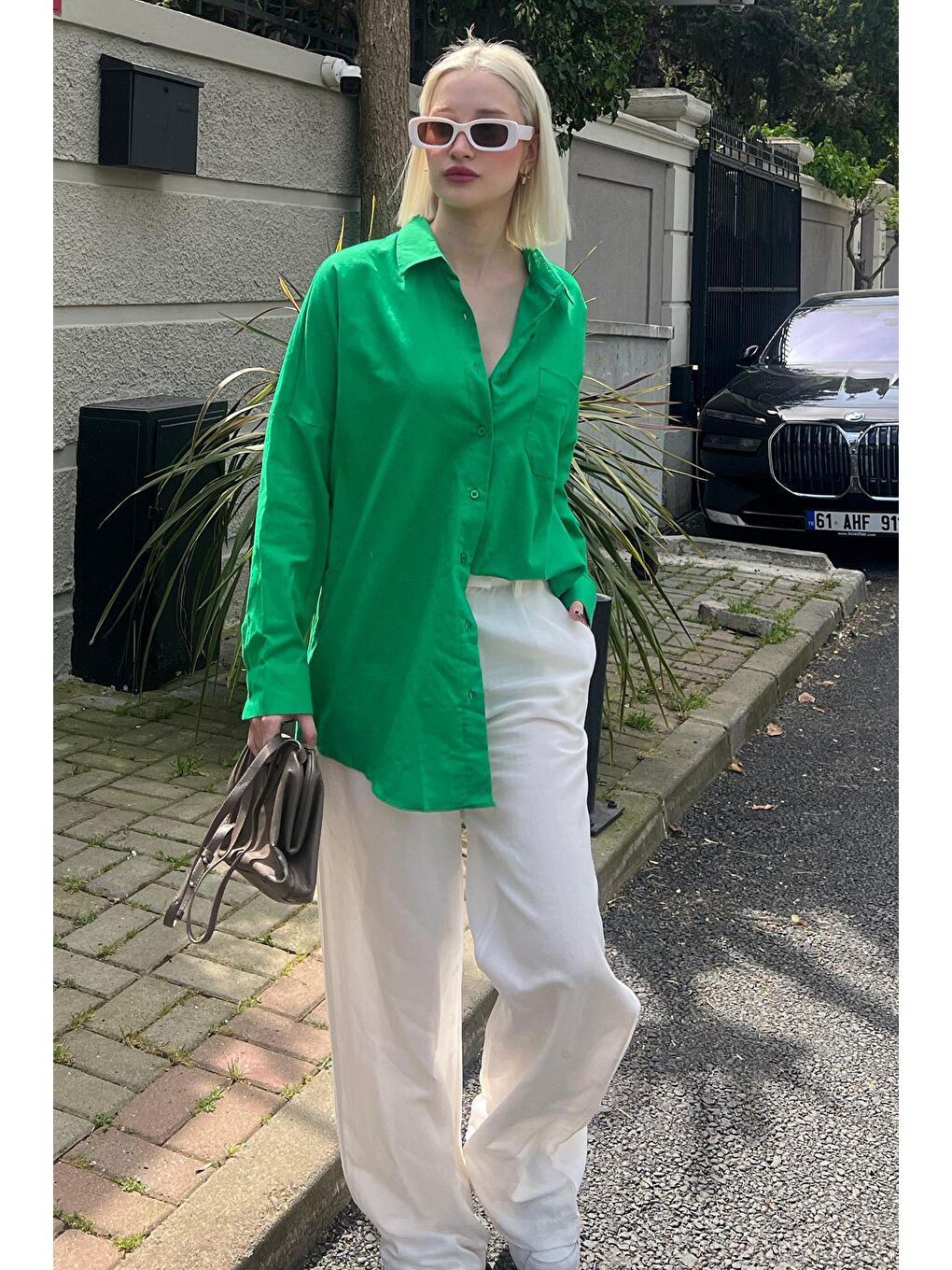 Yeşil Oversize Basic Cepli Poplin Gömlek Mg1530-2