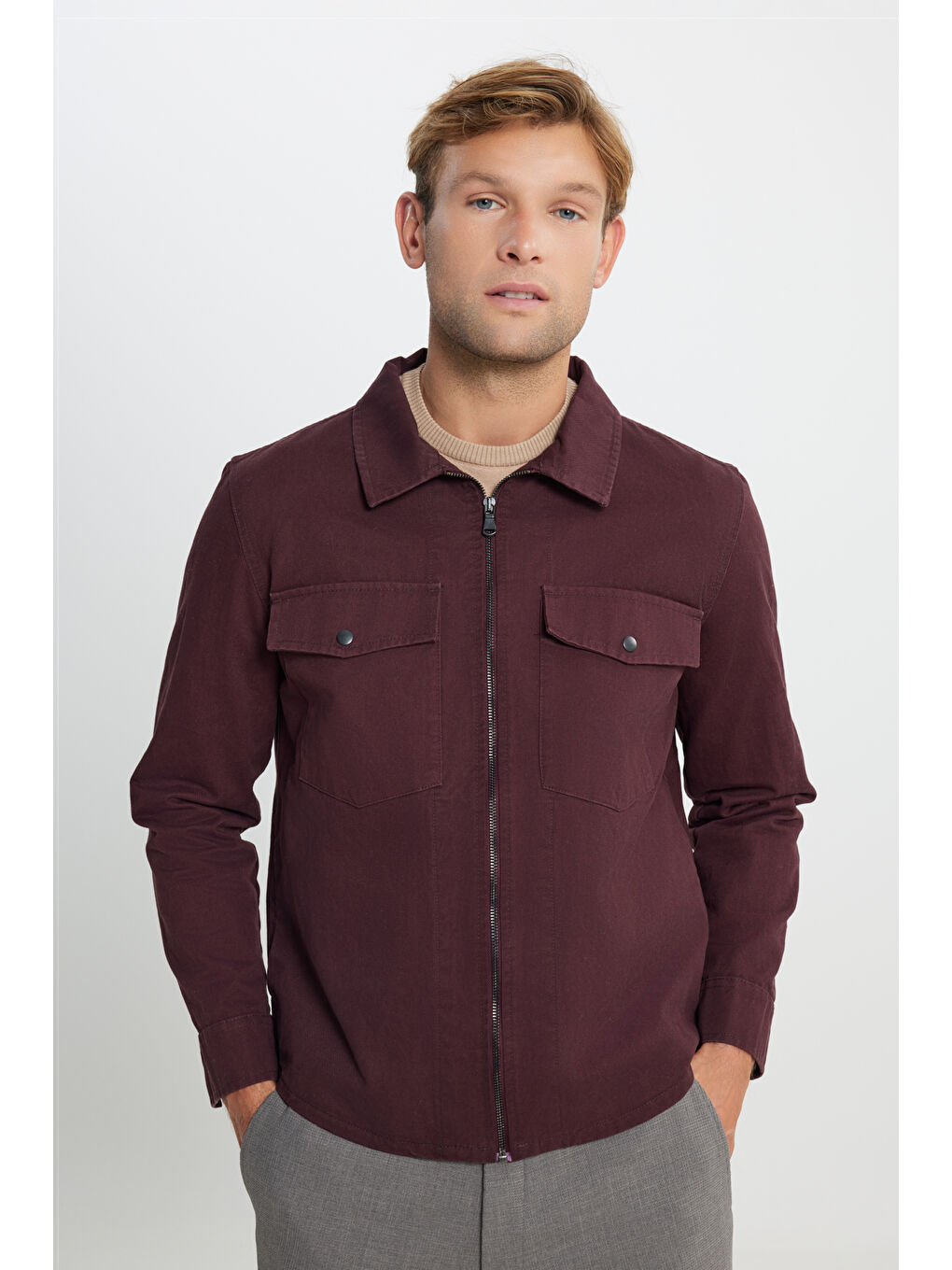 Erkek Bordo Standart Fit Normal Kesim Pamuklu Yan Cep Gömlek Ceket-2