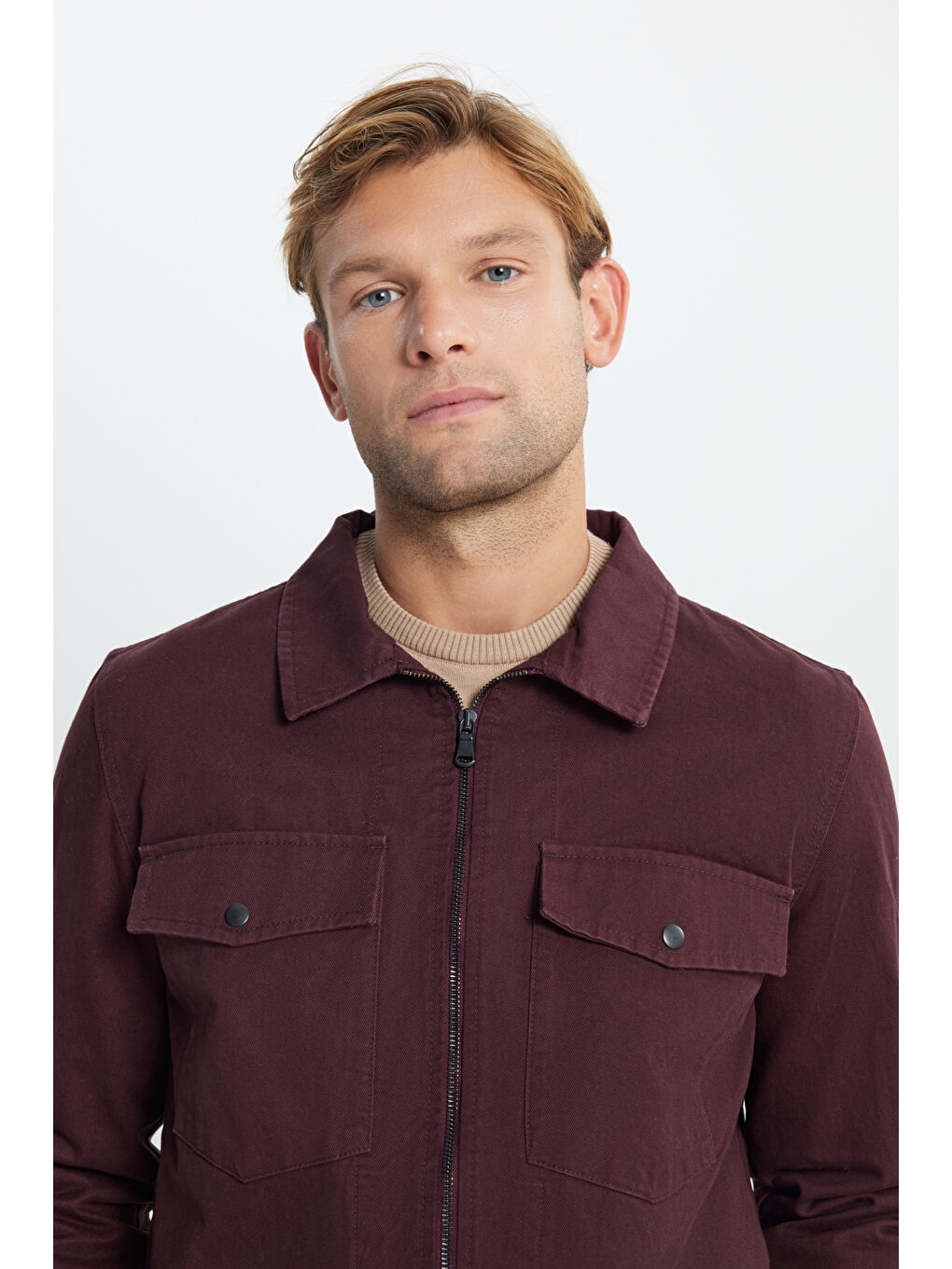 Erkek Bordo Standart Fit Normal Kesim Pamuklu Yan Cep Gömlek Ceket-3