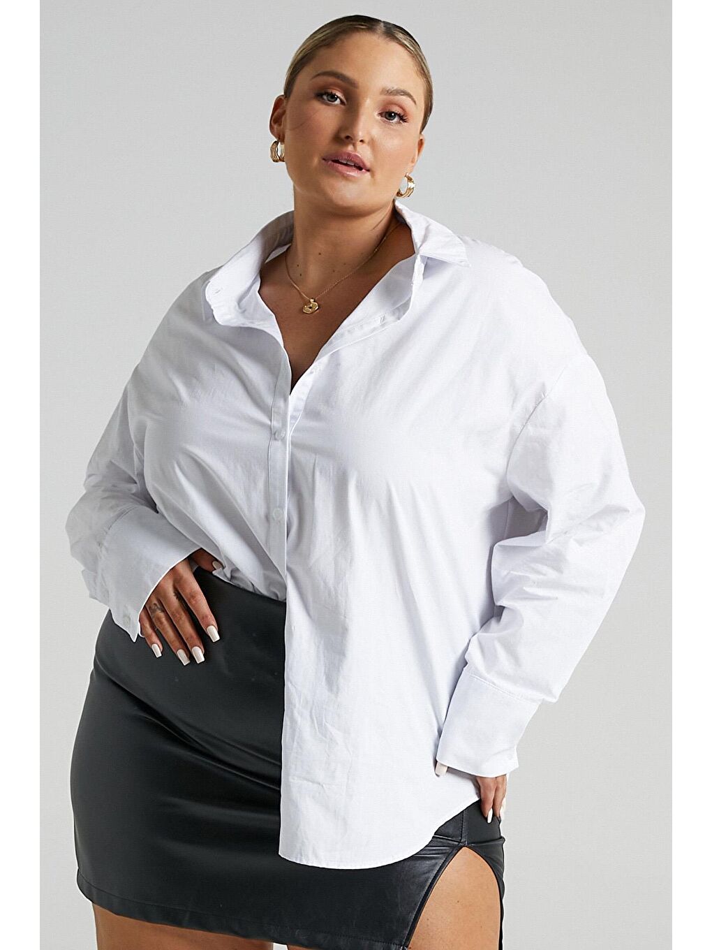 Beyaz Oversize Basic Kadın Gömlek Mg1794-8