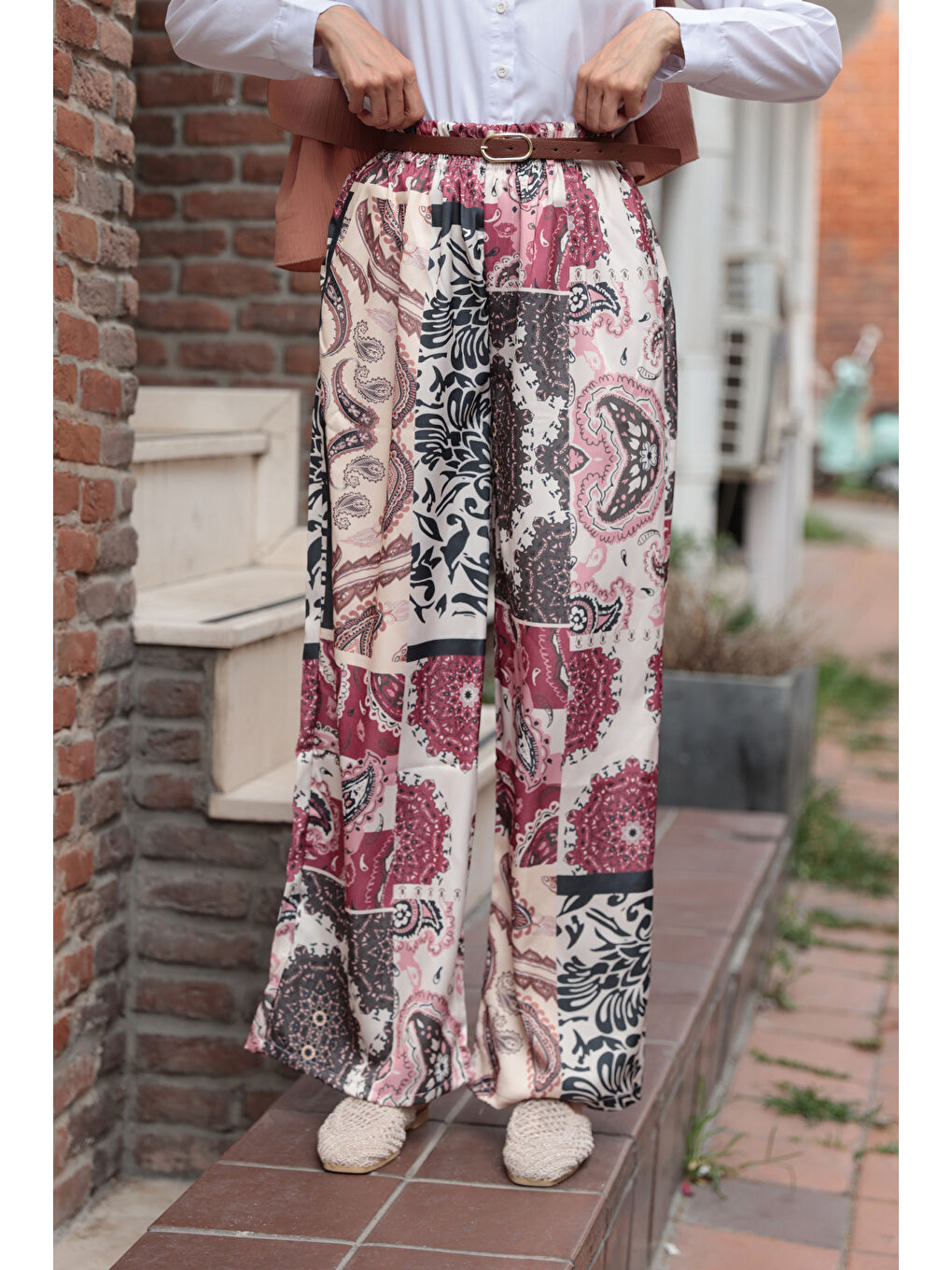 Kadın Baskılı Saten Pantolon Bordo-1