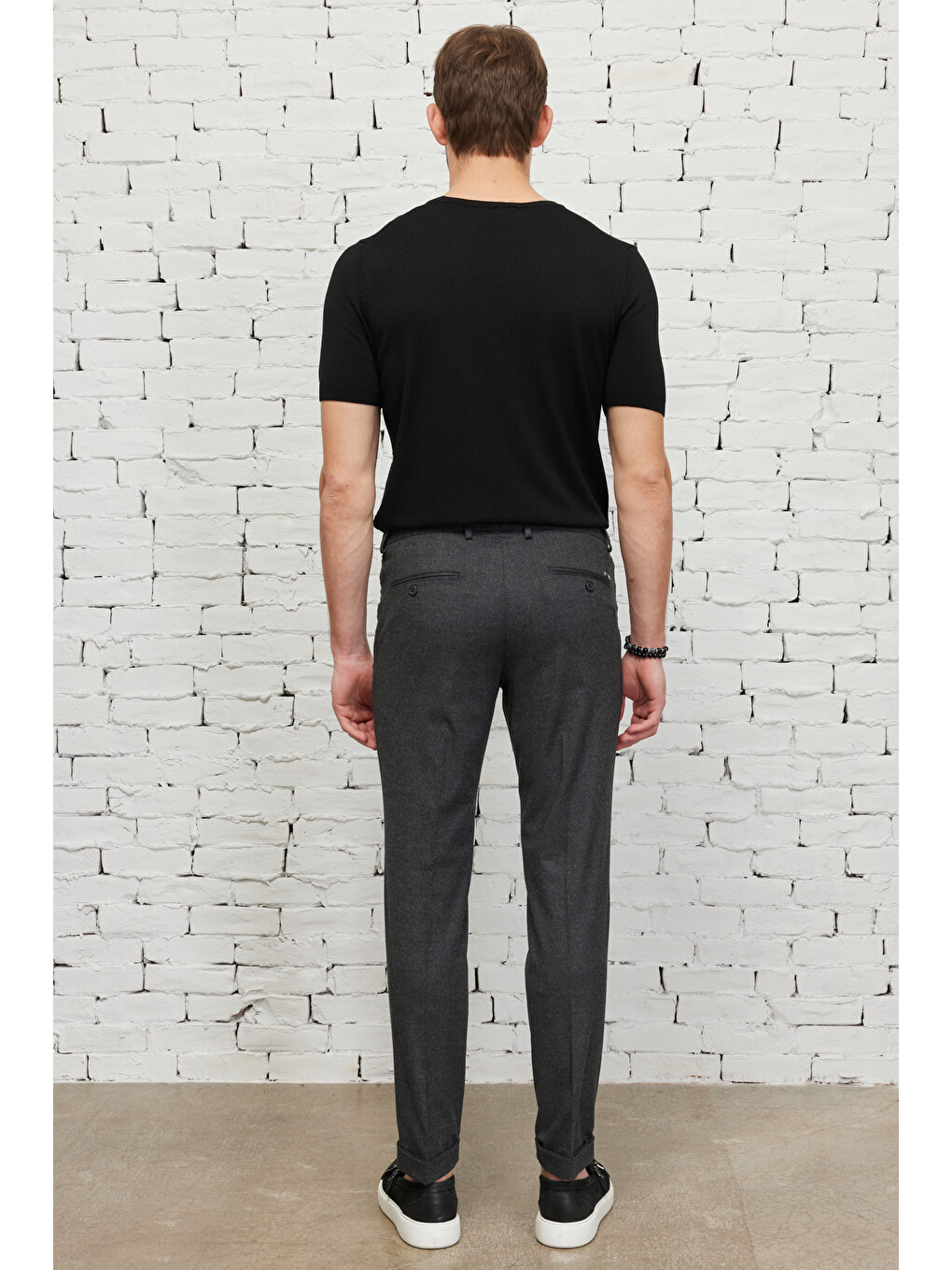Erkek Antrasit Slim Fit Dar Kesim Flanel Desenli Yünlü Beli Lastikli Pantolon-5