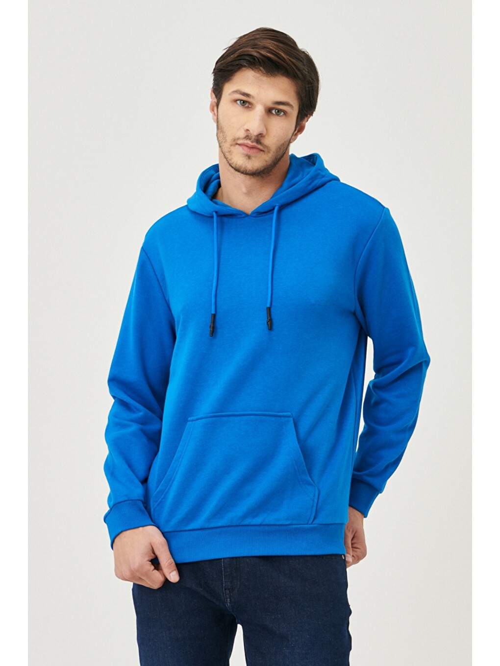 Erkek İndigo Standart Fit Kapüşonlu Sweatshirt-1