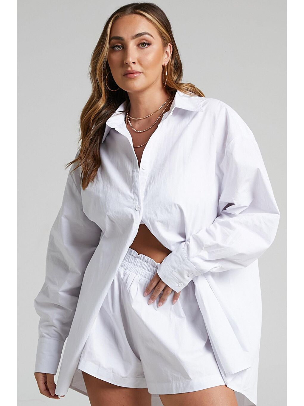 Beyaz Oversize Basic Kadın Gömlek Mg1794-10