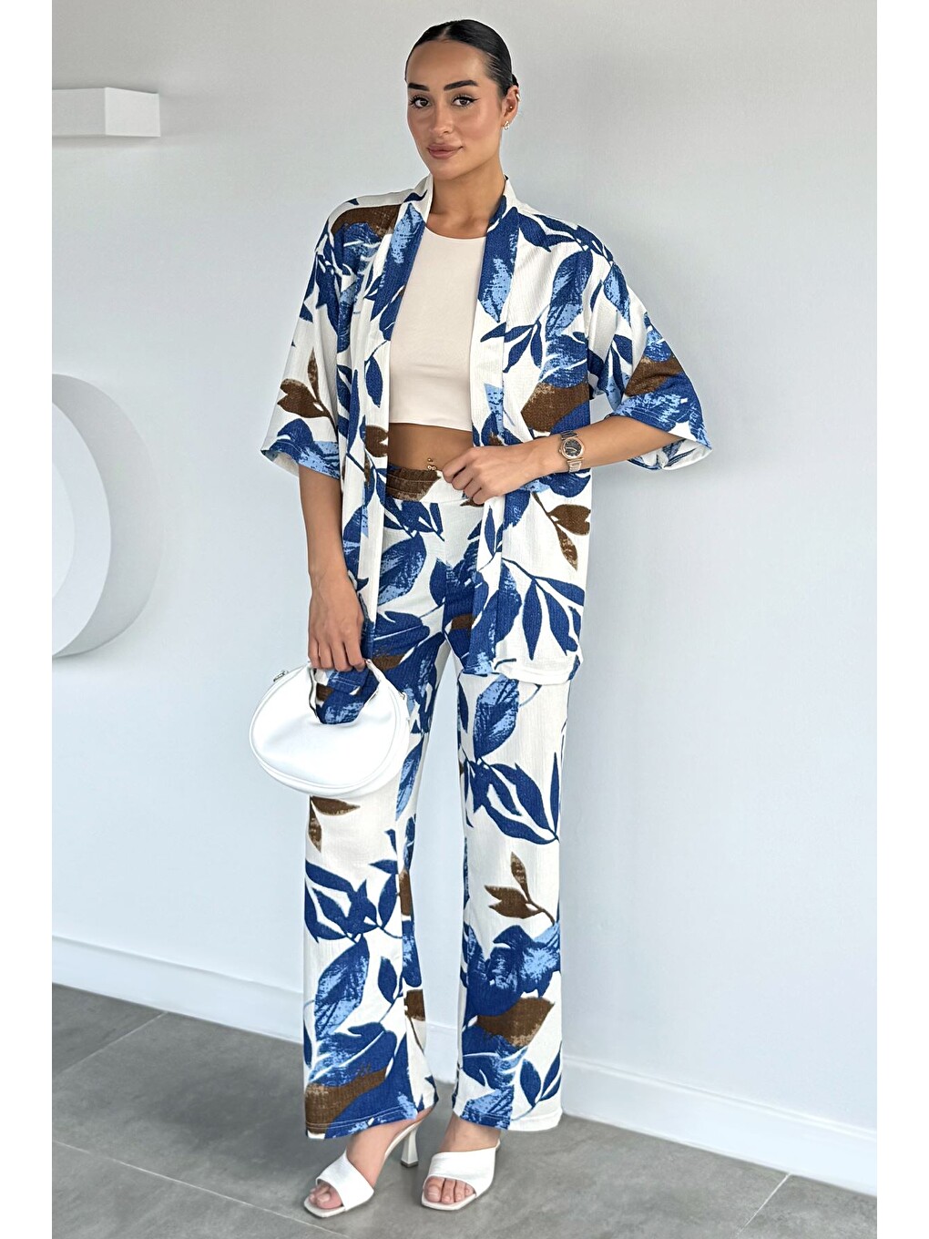 İndigo Kadın Desenli Kimono Pantolon İkili Takım-1
