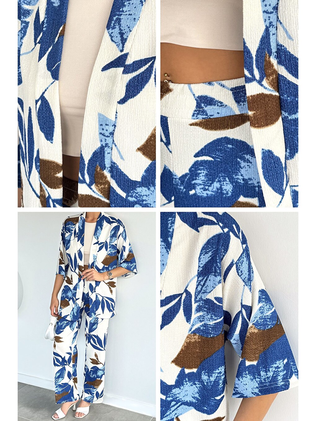 İndigo Kadın Desenli Kimono Pantolon İkili Takım-2