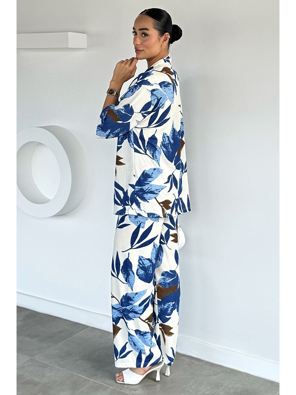 İndigo Kadın Desenli Kimono Pantolon İkili Takım-3