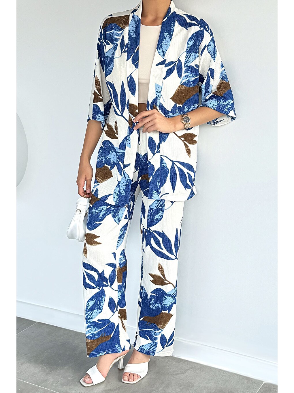 İndigo Kadın Desenli Kimono Pantolon İkili Takım-4