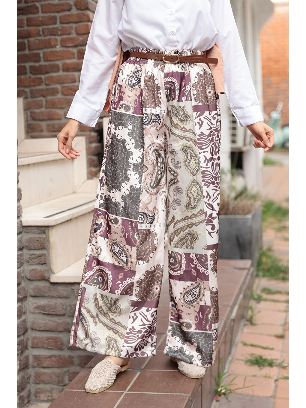 Kadın Baskılı Saten Pantolon Yeşil-1